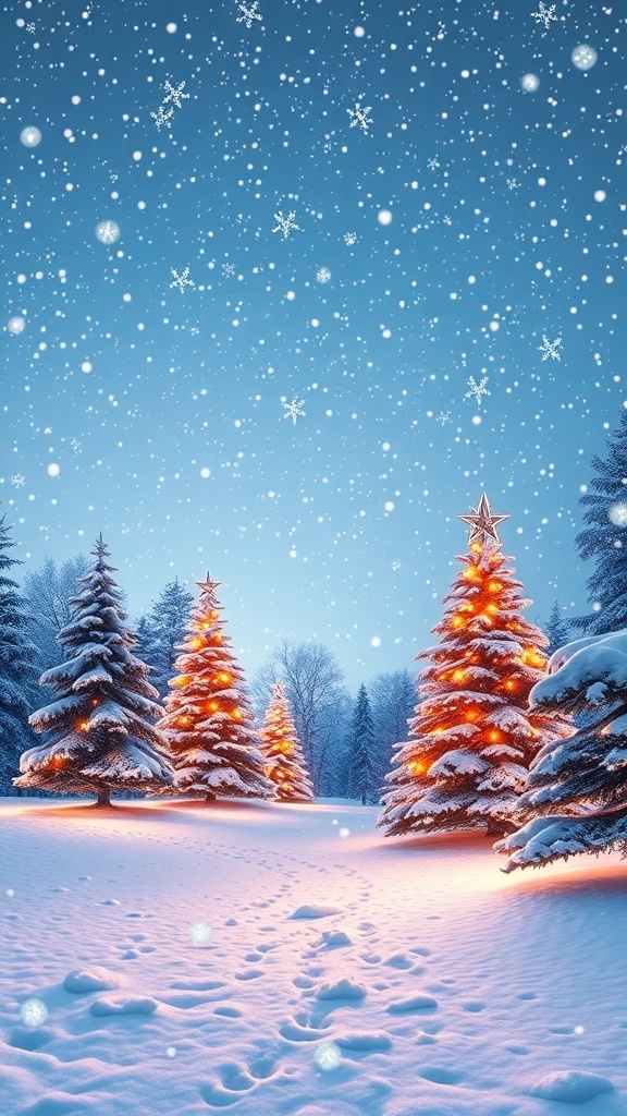 A winter scene with snowflakes, twinkling lights, and decorated Christmas trees, perfect for holiday-themed projects.